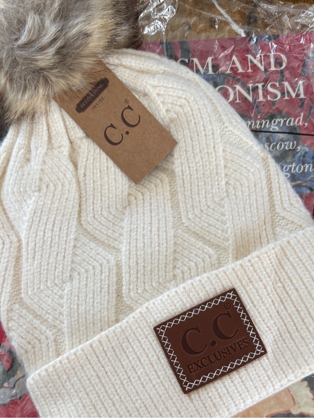 C.C Cream Cable Knit Beanie with Faux Fur Pom and Fleece Lining